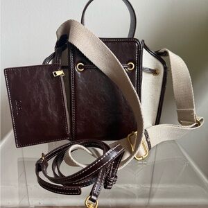 Brown Zara Canvas Leather Purse With Two Straps And Pouch